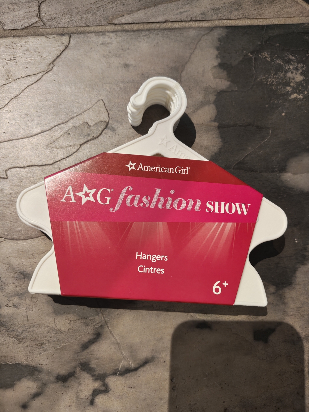 American Girl White Doll Hangers (10) with Bright Pink A★G Fashion Show Sleeve